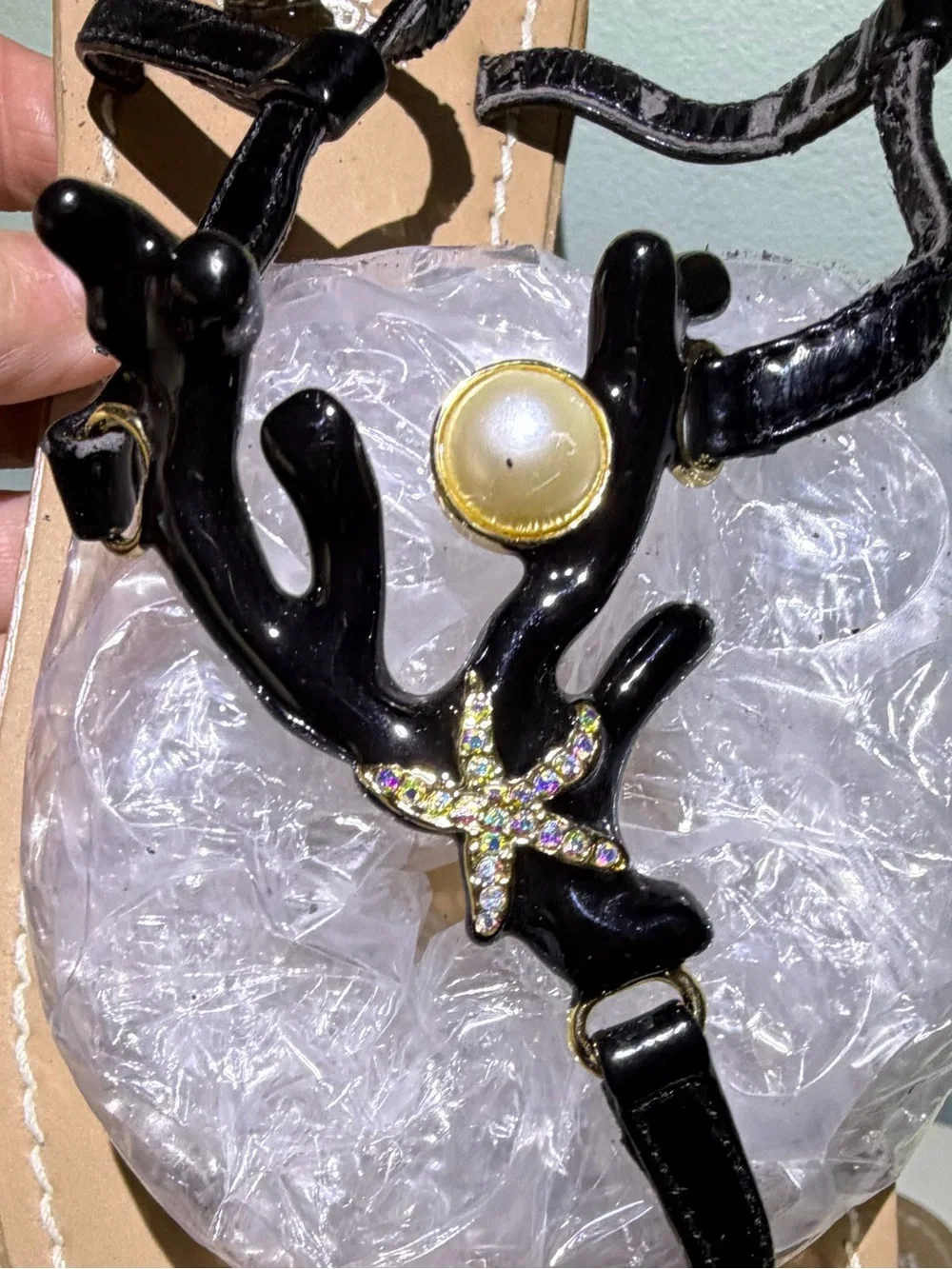 Black Coral Motif With Pearl Accent & Rhinestone Starfish T-Strap Sandals. 10
